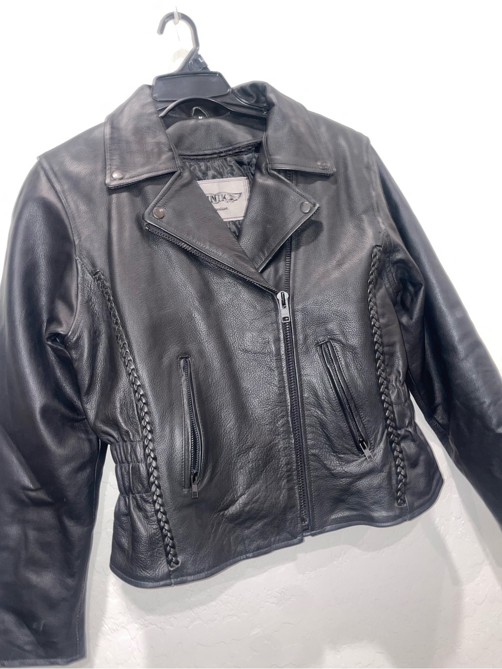 Unik Black Braided-Detail Leather Moto Jacket womens M
